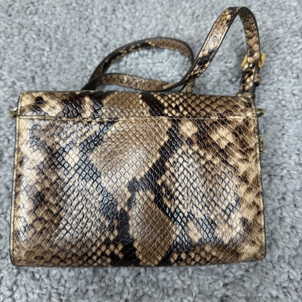 Michael Kors Jet Set Snakeskin Embossed Leather Crossbody Bag Brown Gold Tone - Picture 2 of 3